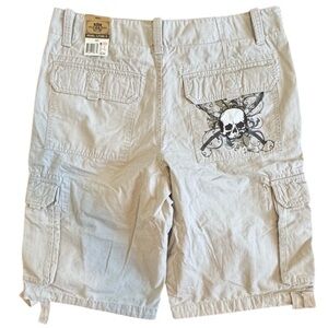 Y2K ROUTE 66 Cargo Shorts Mens 36 Beige Skull Pocket Cyber Grunge 100% cotton